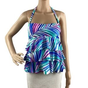 Island Escape Tiered Bandini Swim Tankini Top Size 6 Blue Leaf Print